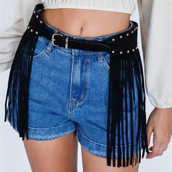 Western Denim Cotton High Rise Shorts with Fringe Suede Studded Belt - Picture 2 of 7